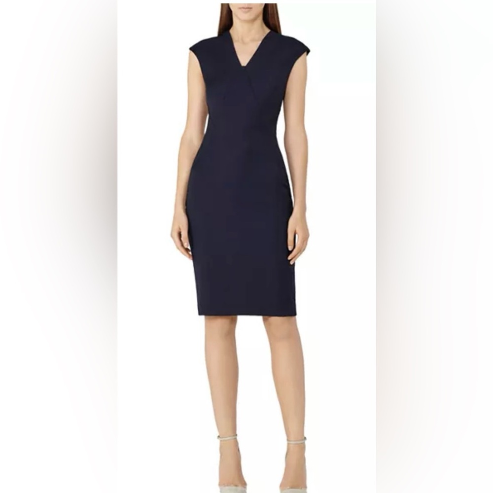 Reiss Navy Cap-Sleeve V-Neck Midi Dress